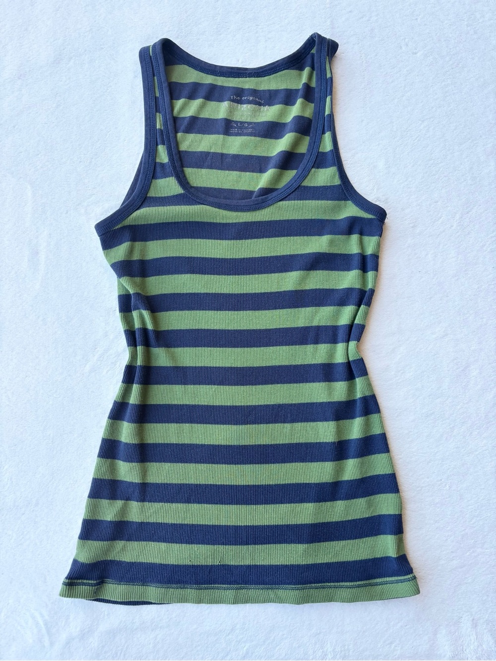 Arizona Jean Company Green and Navy Striped Tank Top